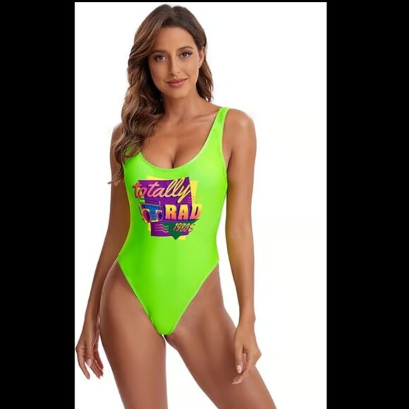 Size Women's Large/L neon green retro one piece swimsuit, 80s/90s bathing suit - Picture 1 of 6